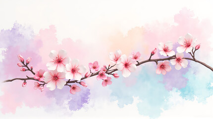 Fototapeta premium Pink Cherry Blossom Branch with Soft Pastel Watercolor Background for Spring Nature or Floral Design
