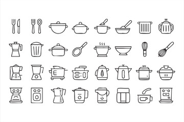 Vector illustration of home and restaurant cookware appliances line set