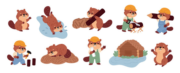 Cute beaver characters. Cartoon river animals, funny brown rodents, wildlife pond inhabitants, builders of natural dams, happy construction creature, carpenter with log, garish vector set © YummyBuum