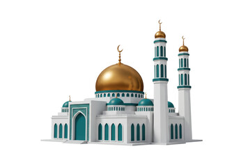 Isolated Mosque building with golden dome and minarets, Islamic architecture edifice, religious symbol