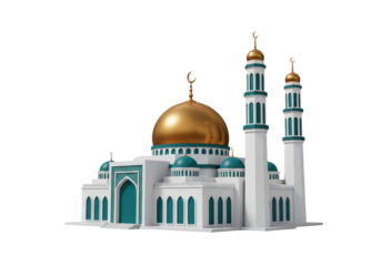 Isolated Mosque building with golden dome and minarets, Islamic architecture edifice, religious symbol
