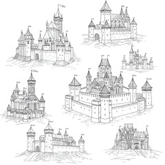 Obraz premium Detailed castle sketches showcase medieval architecture and fantasy realms, perfect for storybooks, games, and historical illustrations of bygone eras