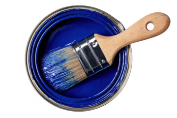 Close up shot of a paintbrush in a can of vibrant blue paint on transparent background.