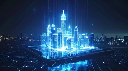 Futuristic blue city hologram on digital platform, virtual reality cityscape, technology - Powered by Adobe