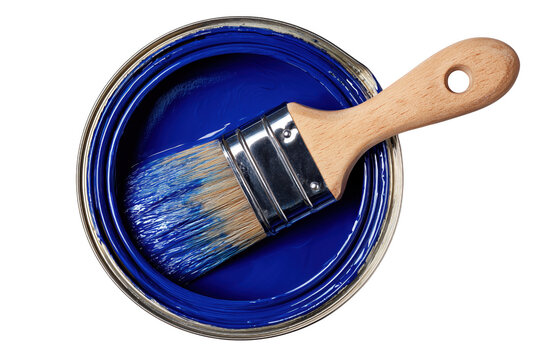 Close up shot of a paintbrush in a can of vibrant blue paint on transparent background.