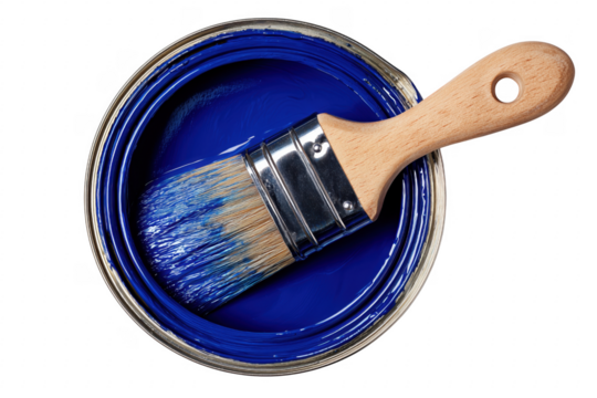 Close up shot of a paintbrush in a can of vibrant blue paint on transparent background.