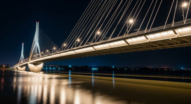 Night view of a modern cable-stayed bridge over a river