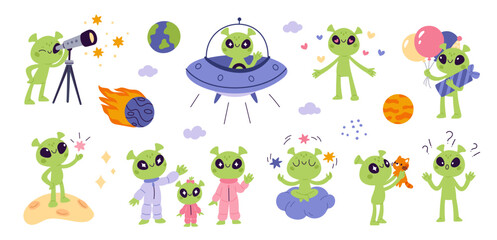 Obraz premium Cute green alien characters. Cartoon little ufo mascots, funny kids creatures, different actions, poses, space humanoids, planets and stars, cosmonaut in rocket, stickers garish vector set