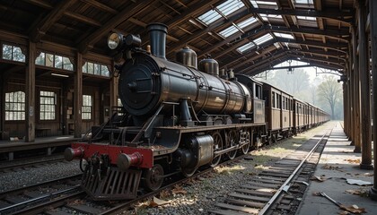 A vintage steam locomotive sits in a rustic train depot, showcasing historical transportation.