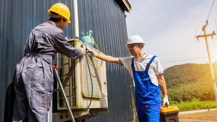 Electricians at Work: Two skilled electricians collaborating on an electrical transformer, meticulously inspecting and maintaining the equipment with professionalism in an outdoor setting.
