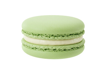 Isolated pastel-green pistachio macaron sweet dessert, cookie filled with cream, on background