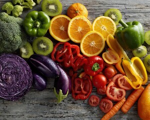 Vibrant Rainbow of Fresh Fruits and Vegetables on Rustic Wood