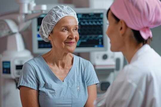 Senior female surgeon smiling and talking with her assistant in operating room - Powered by Adobe