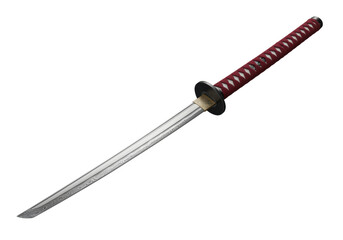Isolated Katana Sword with Red Handle, Japanese Weapon Ready to Attack for Combat