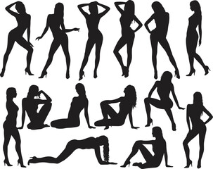 Black silhouette of women posing in various standing and sitting positions, high heels, elegant body shapes, fashion models collection