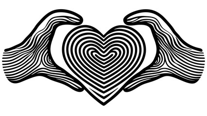 Vector art of stylized hands gently holding a large heart made of concentric rings, creating a hypnotic effect, isolated on a, symbolizing care, protection, and deep affection