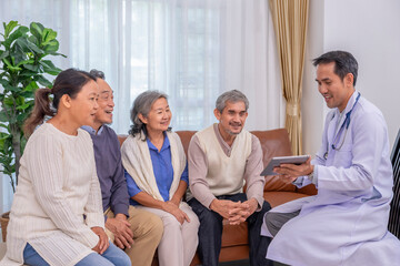 elderly people discussion in psychological counseling room with psychologist lead a group therapy working by using tablet computer