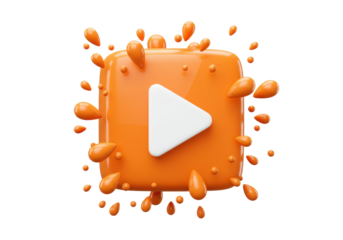 Isolated play button icon with splash effect in orange and white for video content