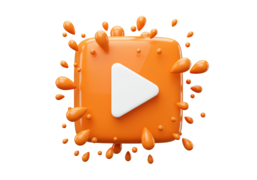 Isolated play button icon with splash effect in orange and white for video content