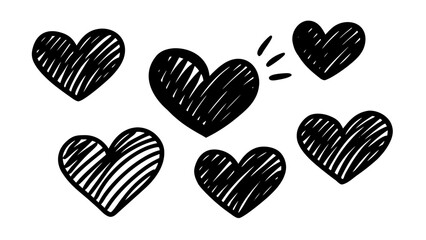 Vector art of a collection of six handdrawn black heart doodles with sketchy lines, isolated on a, conveying a sense of raw emotion and affection © mohsin