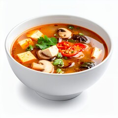 Vibrant bowl of flavorful soup on white surface featuring tofu and mushrooms