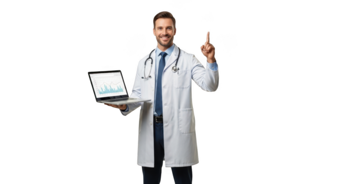 Smiling male doctor in white coat holding laptop and syringe isolated on transparent background