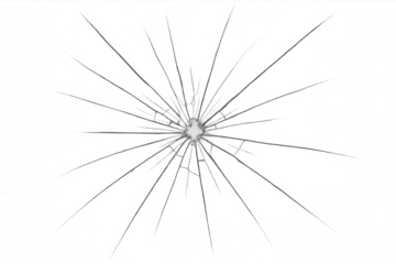 Broken glass pane with radial cracks and bullet hole damage, transparent background and shattered texture