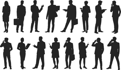 Business people silhouettes in formal wear, standing, talking, using phones, holding briefcases, professional corporate team, office communication, teamwork, networking, modern workplace.
