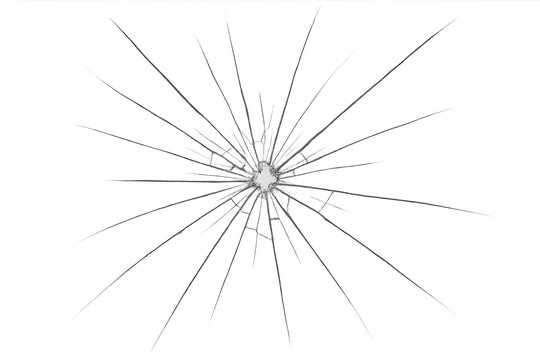 Broken glass pane with radial cracks and bullet hole damage, transparent background and shattered texture