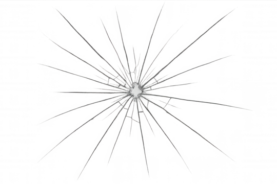 Broken glass pane with radial cracks and bullet hole damage, transparent background and shattered texture