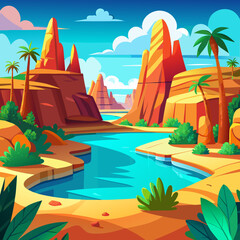 Obraz premium Vibrant desert oasis with red rock formations and palm trees