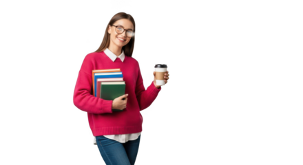 Young woman wearing glasses holding books and a coffee cup isolated on transparent background