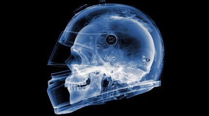 Obraz na płótnie Canvas X-ray side view of a racing helmet showing human skull anatomy safety and sports technology concept