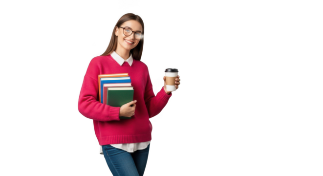 Young woman wearing glasses holding books and a coffee cup isolated on transparent background