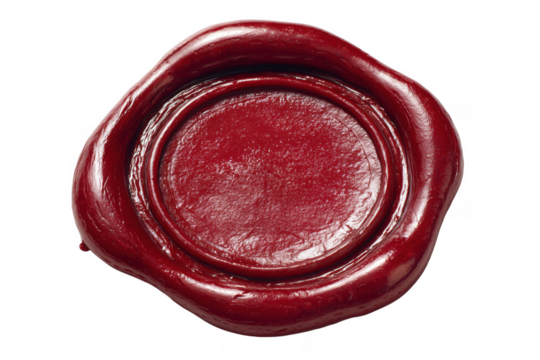 Close-up of a rich red wax seal against a smooth transparent background