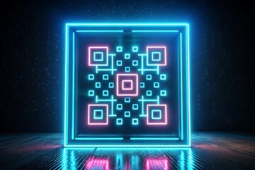 Neon glowing QR code in a square frame with blue and pink outlines and pink squares inside, set against a dark, starry background with reflections.