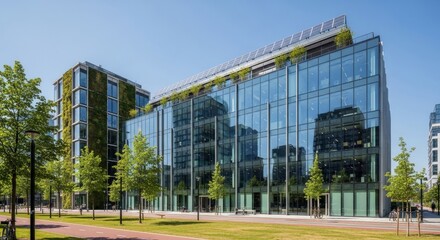 Obraz premium Modern glass office building with greenery on the roof