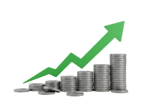Isolated Finance chart depicting financial success using a green arrow and stacks of coins