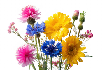 Colorful bouquet of wildflowers displaying vibrant yellow blue and pink blossoms on transparent