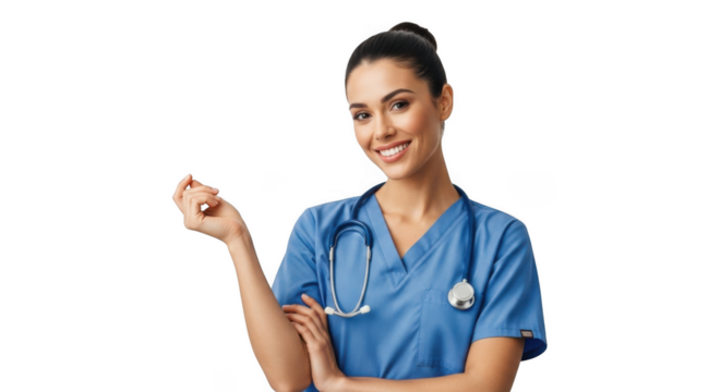 Smiling female nurse wearing blue scrubs and stethoscope isolated on transparent background
