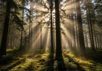 Obraz premium Misty morning light filters through a forest of trees, illuminating a path covered in fallen autumn leaves