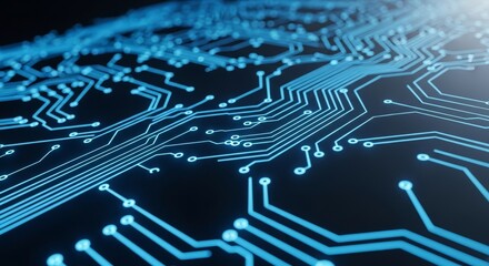 Close-up view of a blue circuit board with intricate patterns