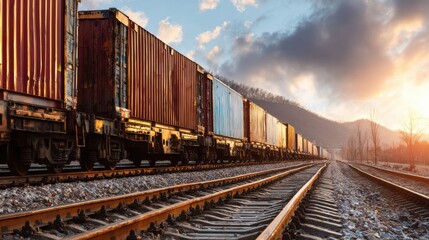 Obraz premium Sunset Over Freight Train with Colorful Cargo Containers on Railway Tracks