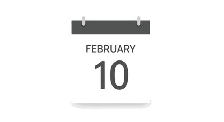 Isolated calendar displaying February 10th, representing an important date reminder icon or scheduling appointment for graphic design element on