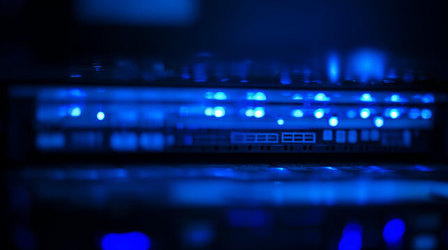 cables. Close-up view of illuminated server components in a data center with cool blue lighting. product launch decks, UI/UX mockups, designed for data visualization dashboards and holographic UIs.
