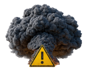 Large dark smoke cloud with yellow warning triangle explosion hazard danger emergency caution alert risk safety dramatic urgent isolated on transparency background