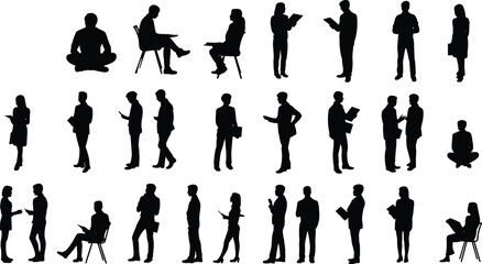 Business people silhouettes standing, sitting, reading, discussing, holding documents, talking, office teamwork, professional communication, corporate meeting, business interaction