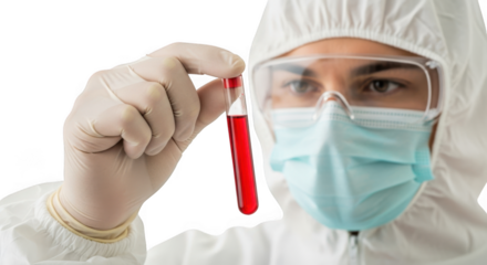 Scientist in protective gear holding a blood sample tube isolated on transparent background