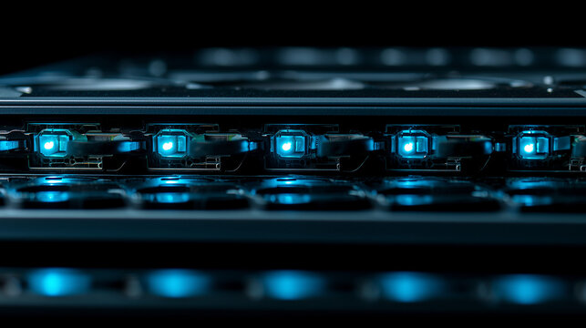 cables. Close-up view of illuminated server components in a data center with cool blue lighting. product launch decks, UI/UX mockups, designed for data visualization dashboards and holographic UIs.
