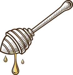 Vintage honey dipper icon with engraved details and honey drip.